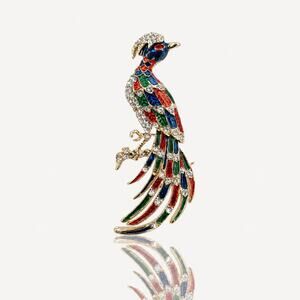 Vintage Multi-Colored Enamel Peacock Brooch Gold-Tone Rhinestone Bird Pin